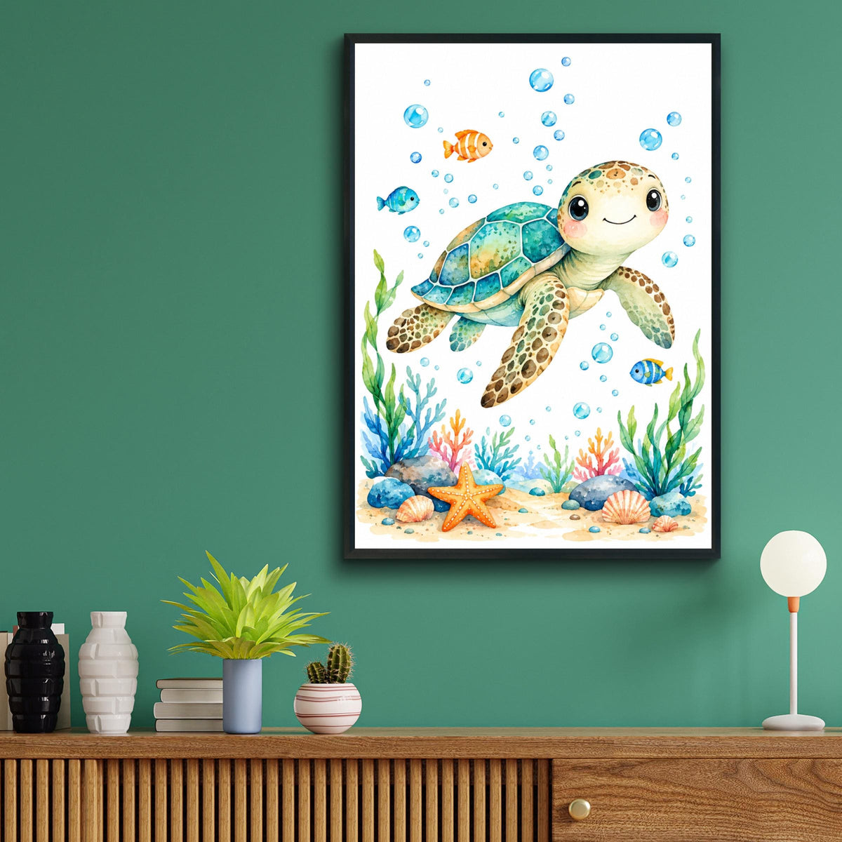 Sea Turtle Nursery Wall Art, Watercolour Ocean Animal Print, Baby Room Decor, Cute Underwater Poster