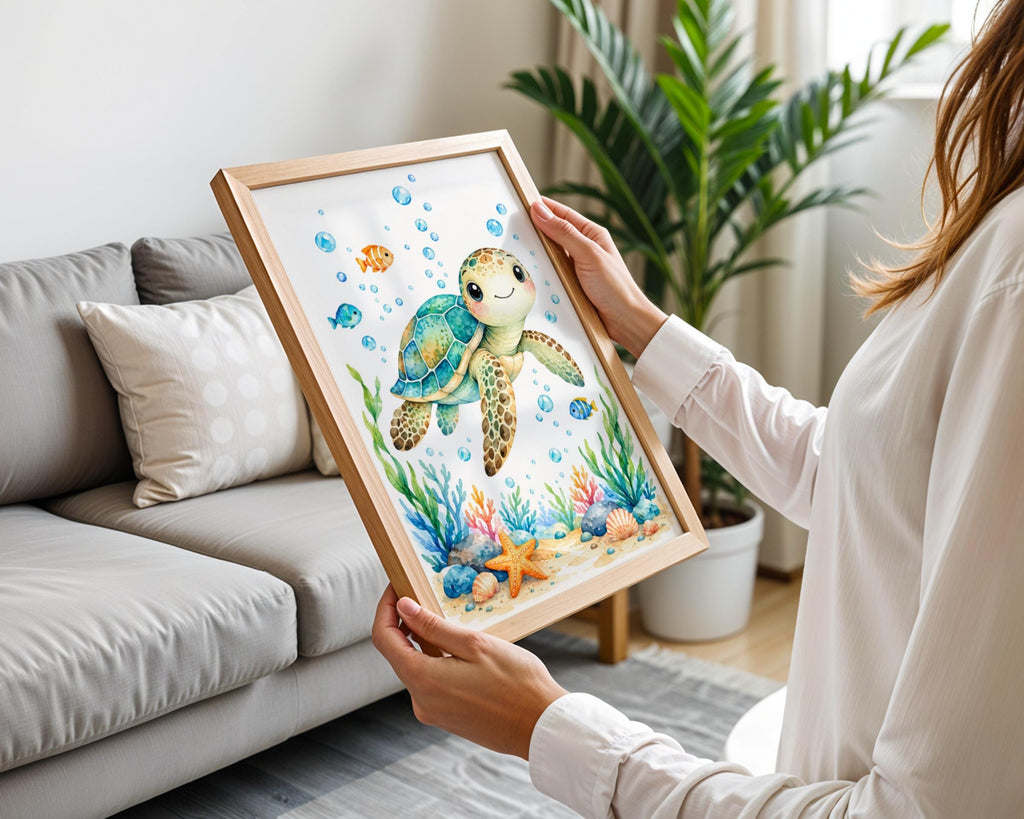 Sea Turtle Nursery Wall Art, Watercolour Ocean Animal Print, Baby Room Decor, Cute Underwater Poster