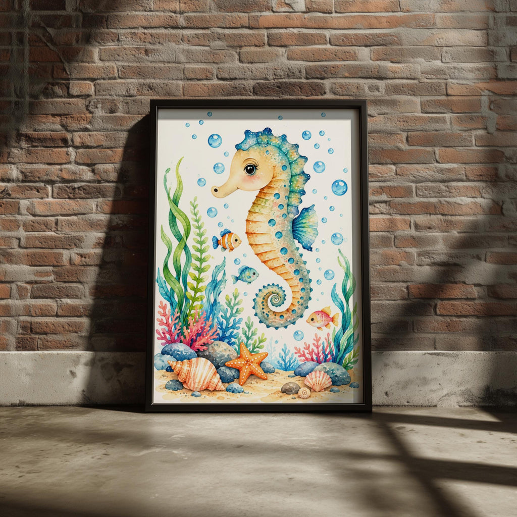 Seahorse Nursery Wall Art, Watercolour Ocean Animals Poster, Under the Sea Kids Room Decor Picture