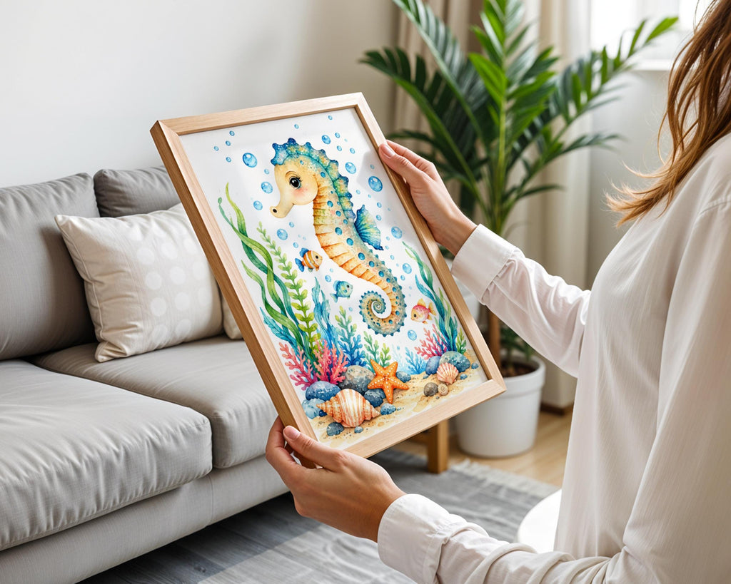 Seahorse Nursery Wall Art, Watercolour Ocean Animals Poster, Under the Sea Kids Room Decor Picture