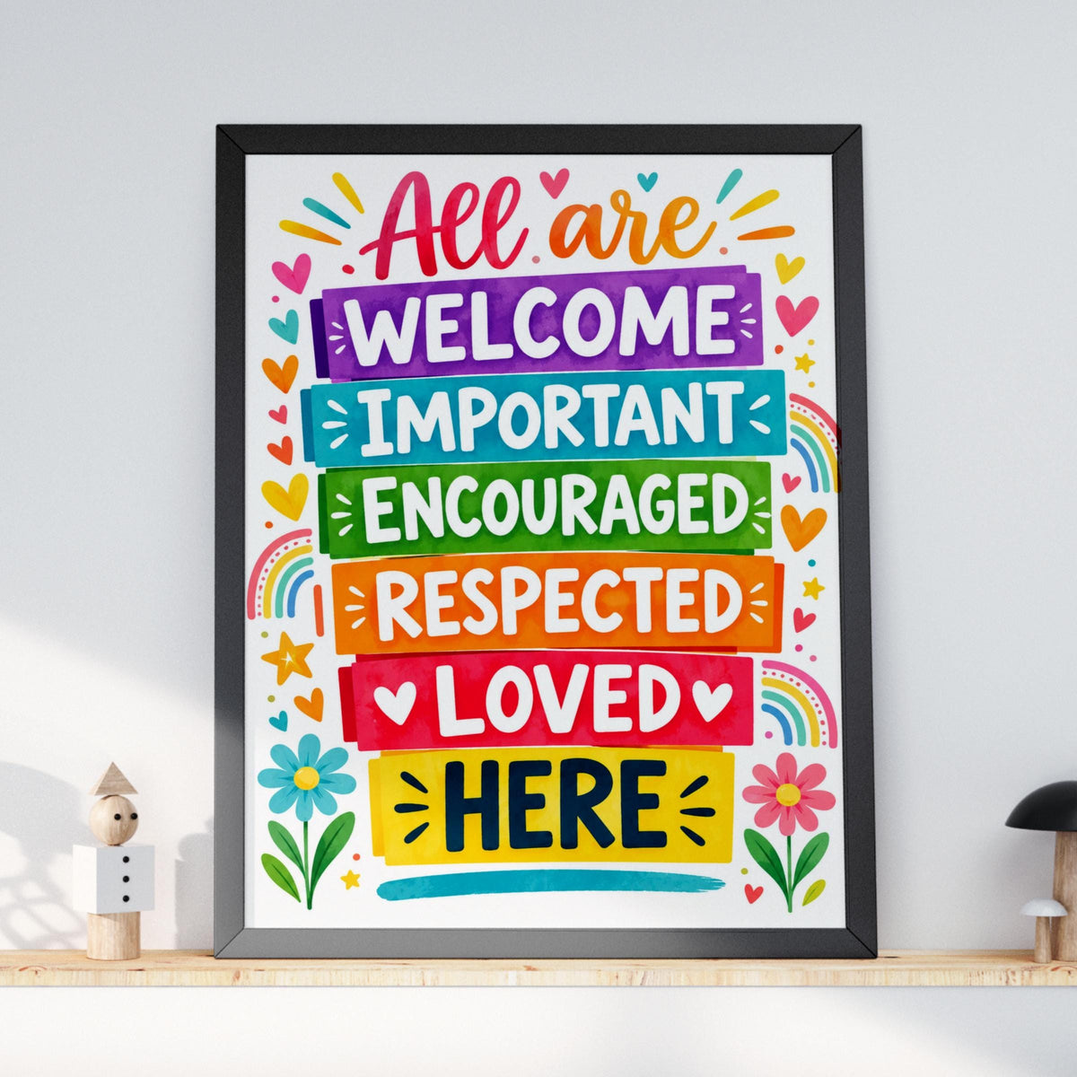 Inclusive Classroom Poster, Rainbow Welcome Wall Art Print, Colourful Kindness Quote, School Decor