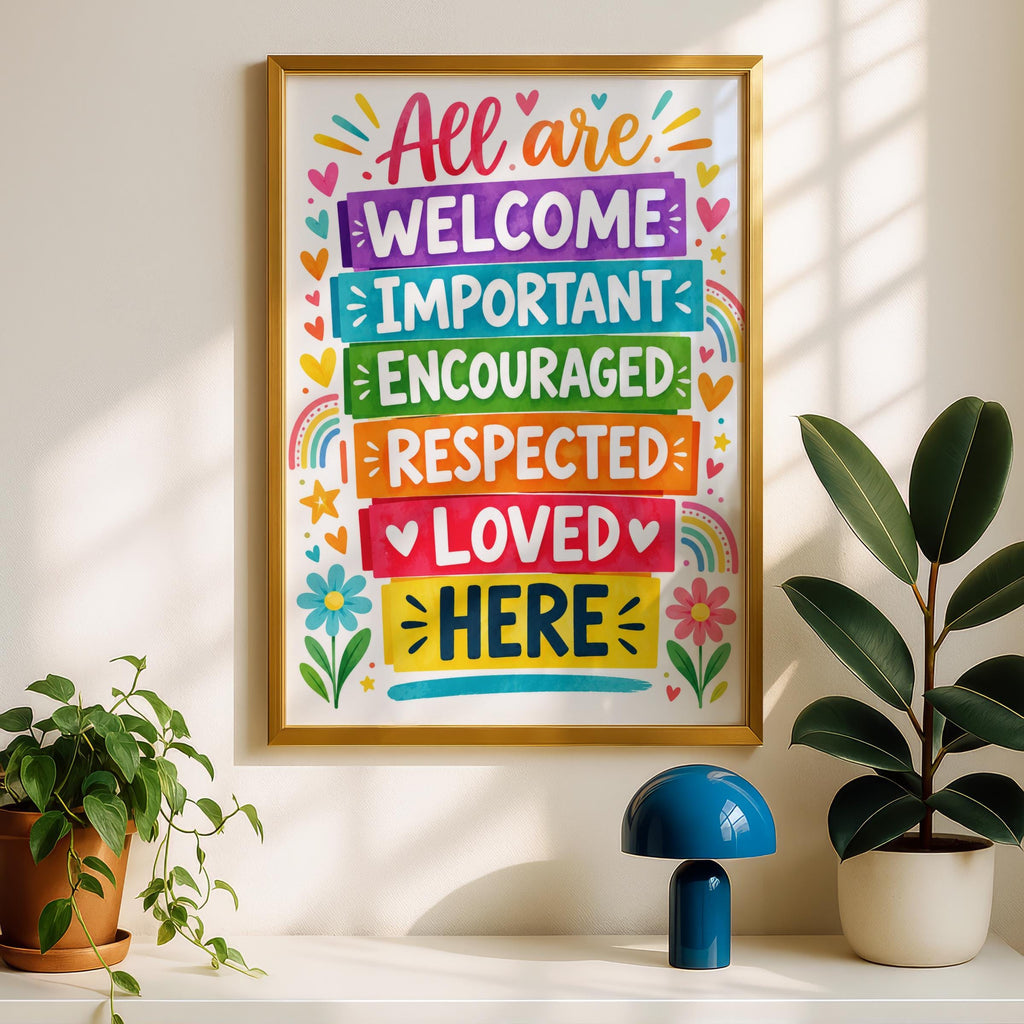 Inclusive Classroom Poster, Rainbow Welcome Wall Art Print, Colourful Kindness Quote, School Decor