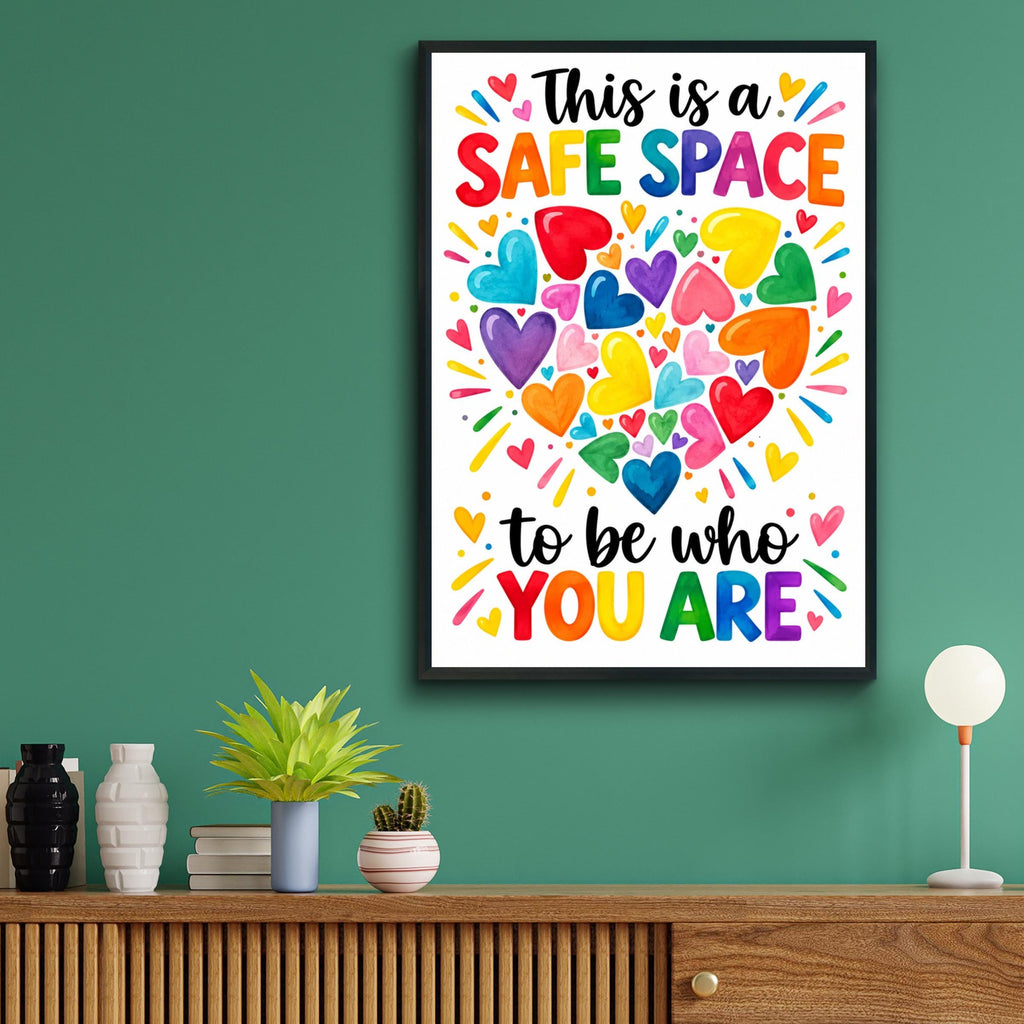 Safe Space Rainbow Hearts Poster, Inclusive Classroom Decor, Pride Quote Wall Art Print