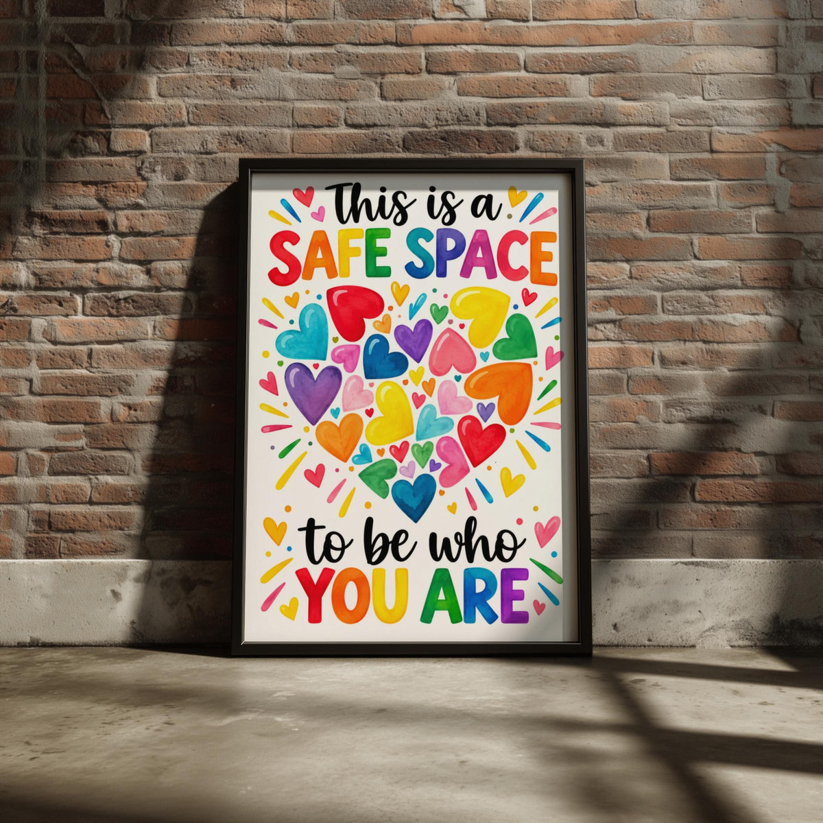 Safe Space Rainbow Hearts Poster, Inclusive Classroom Decor, Pride Quote Wall Art Print