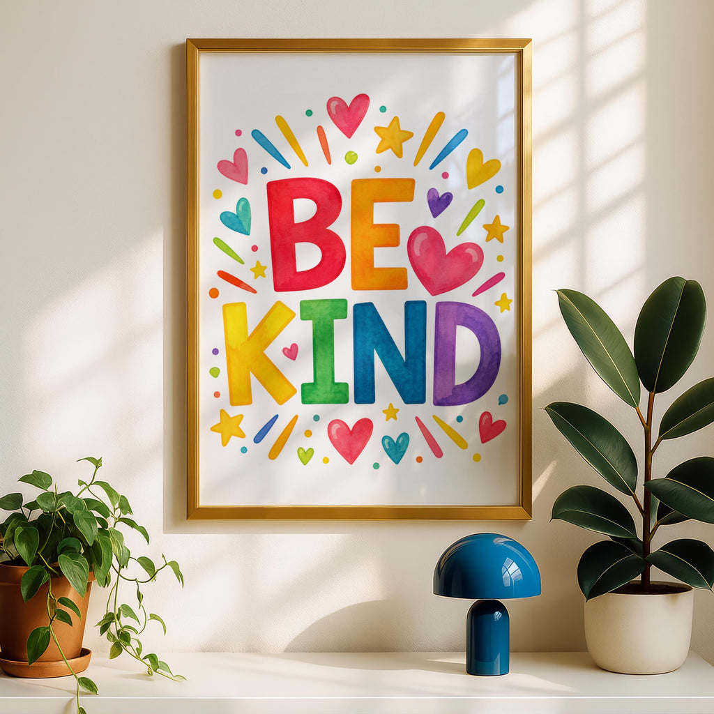 Be Kind Rainbow Watercolour Poster, Colourful Typography Wall Art, Hearts Stars, Nursery Playroom