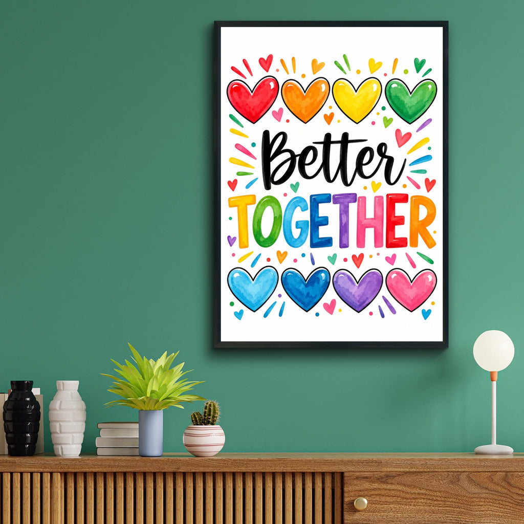 Better Together Rainbow Hearts Print, Colourful Typography Poster, Watercolour Quote Wall Art