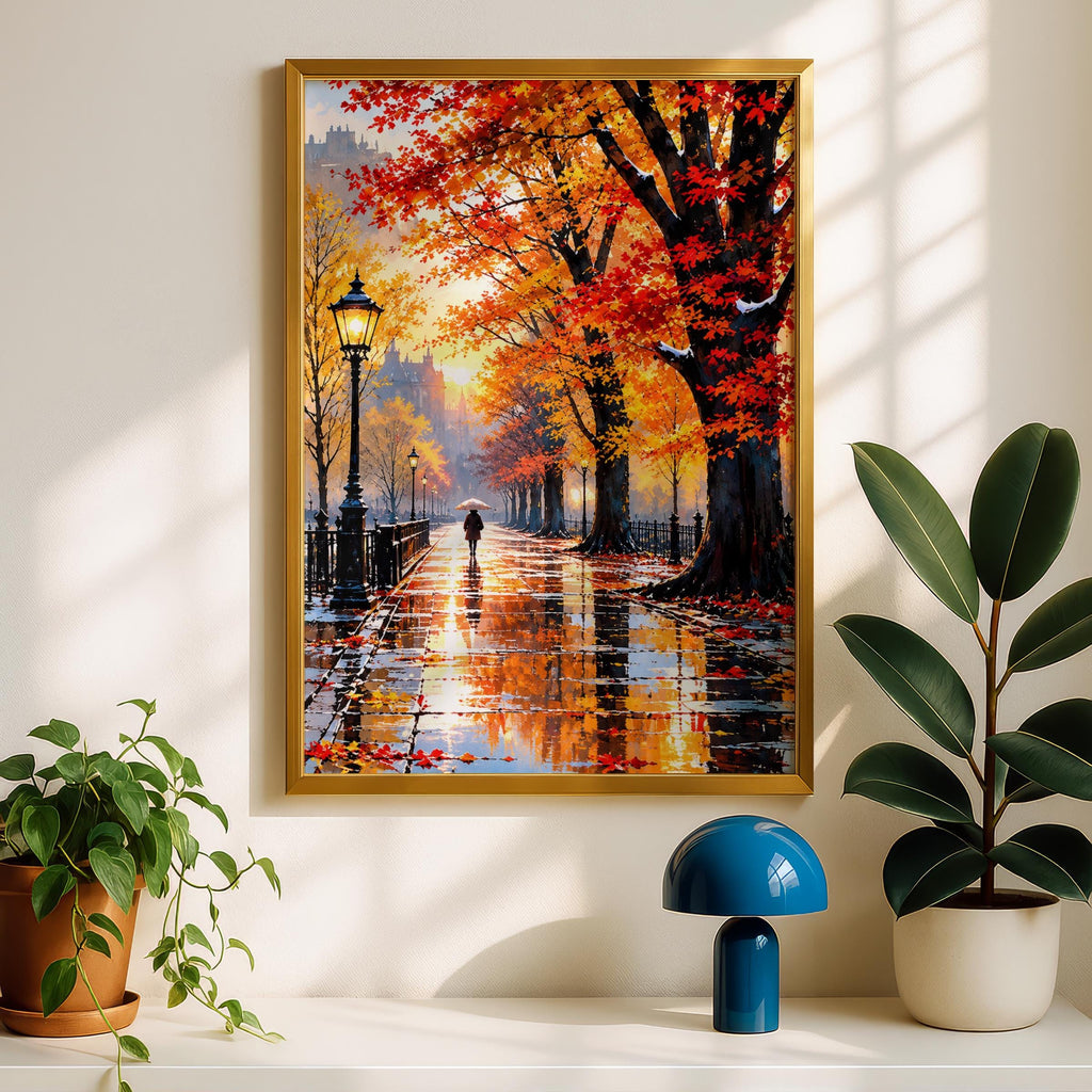 Autumn Promenade Wall Art, Rainy Day Park Painting, Red Orange Maple Trees, Vintage Lamppost Poster