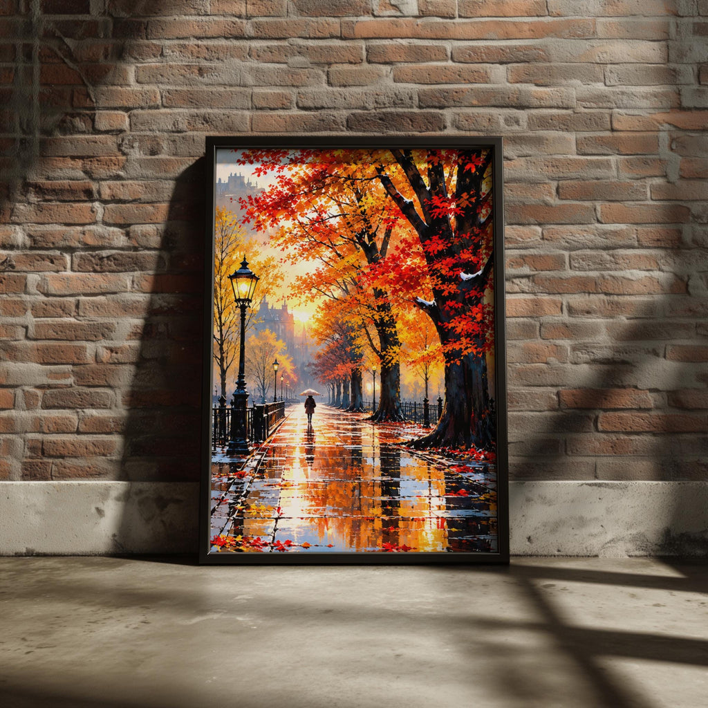 Autumn Promenade Wall Art, Rainy Day Park Painting, Red Orange Maple Trees, Vintage Lamppost Poster