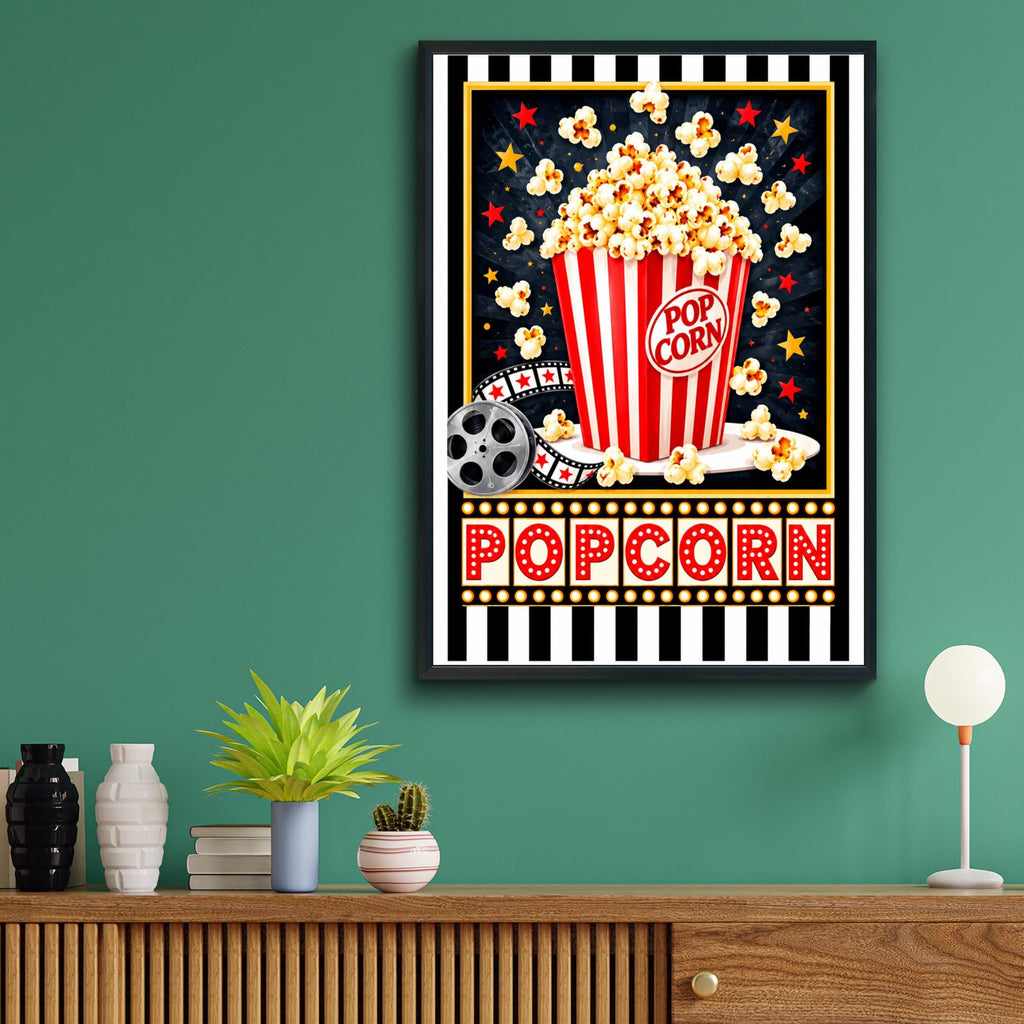 Retro Popcorn Cinema Poster, Movie Night Wall Art, Red Striped Popcorn Bucket, Home Cinema Room