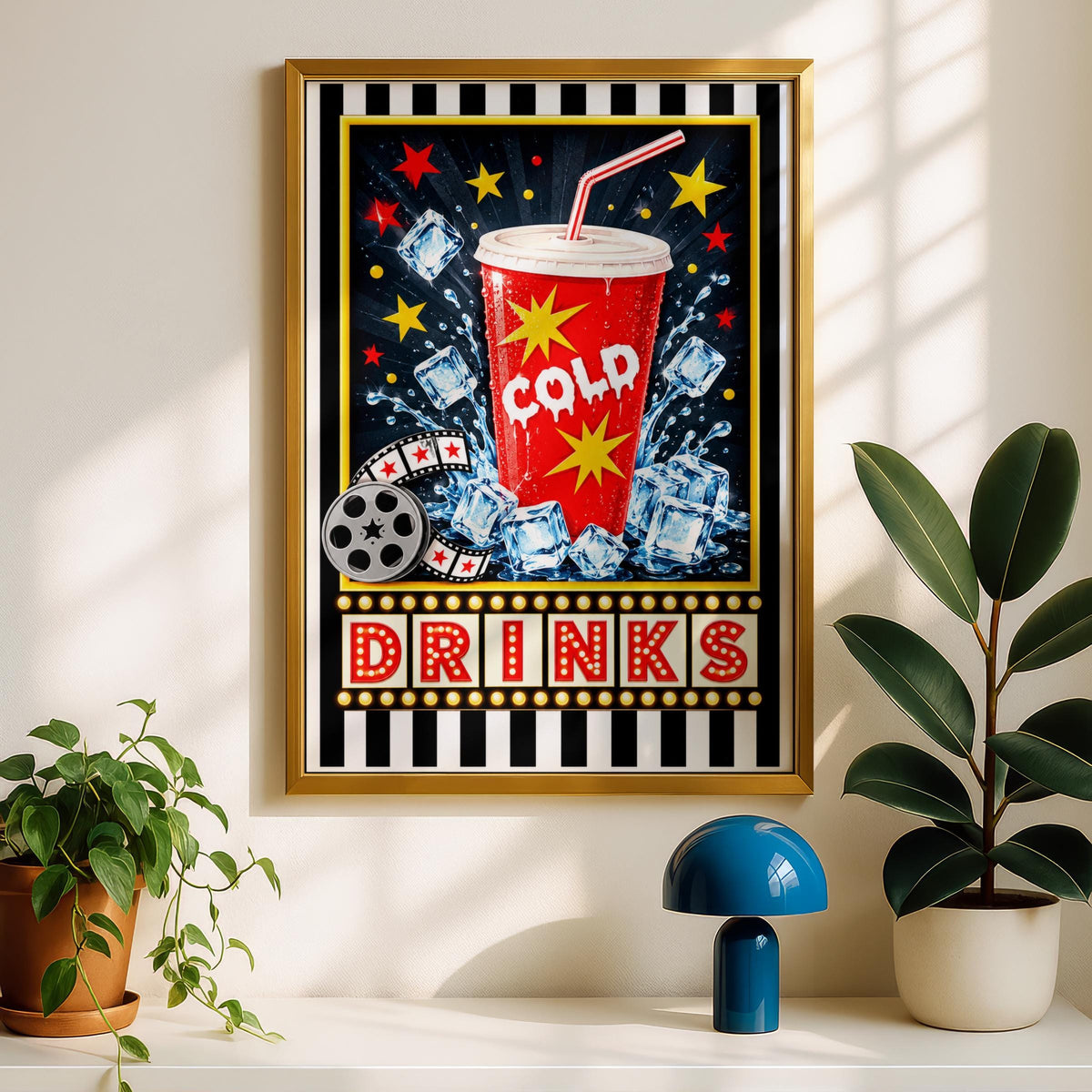 Retro Cinema Drinks Poster, Home Cinema Wall Art, Cold Soda Cup Print, Movie Room Decor, Bar Sign