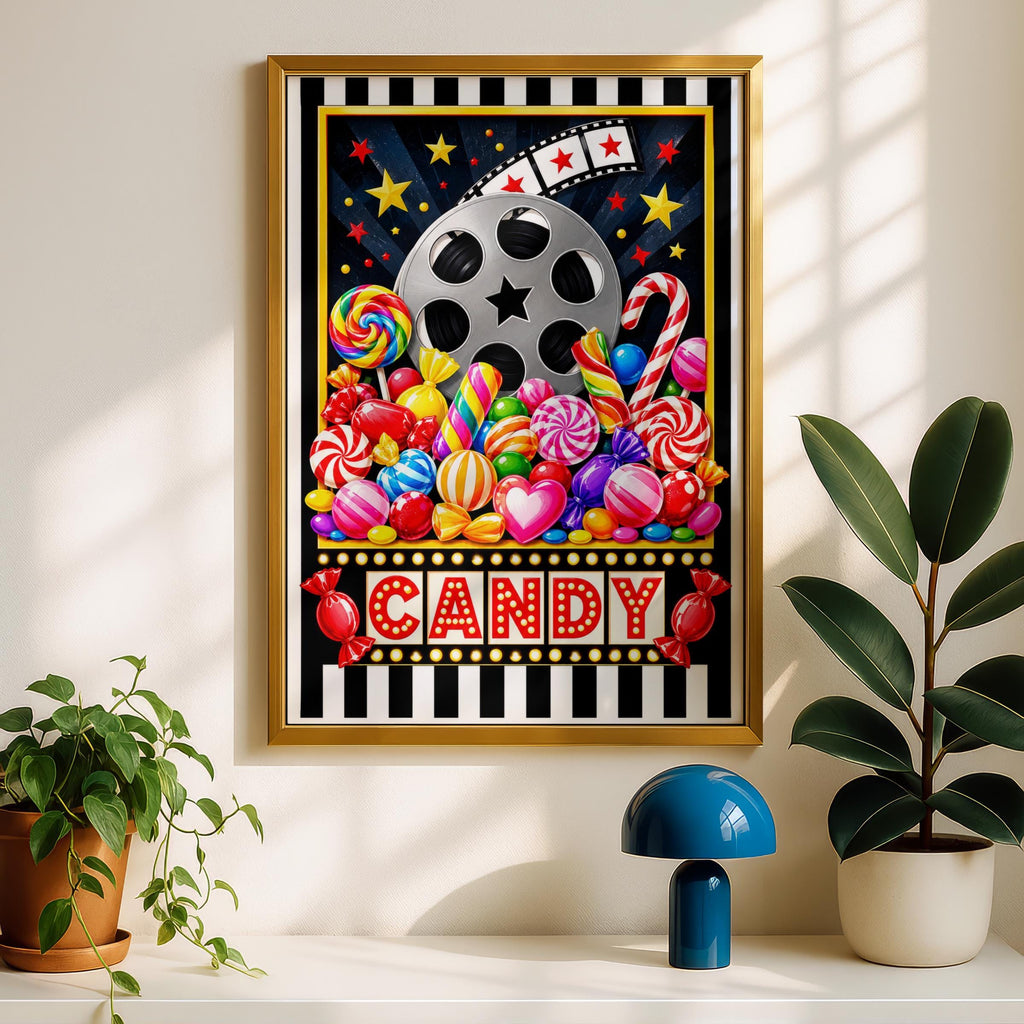 Retro Cinema Candy Poster, Home Cinema Wall Art, Film Reel Print, Sweet Shop Art, Movie Room Decor