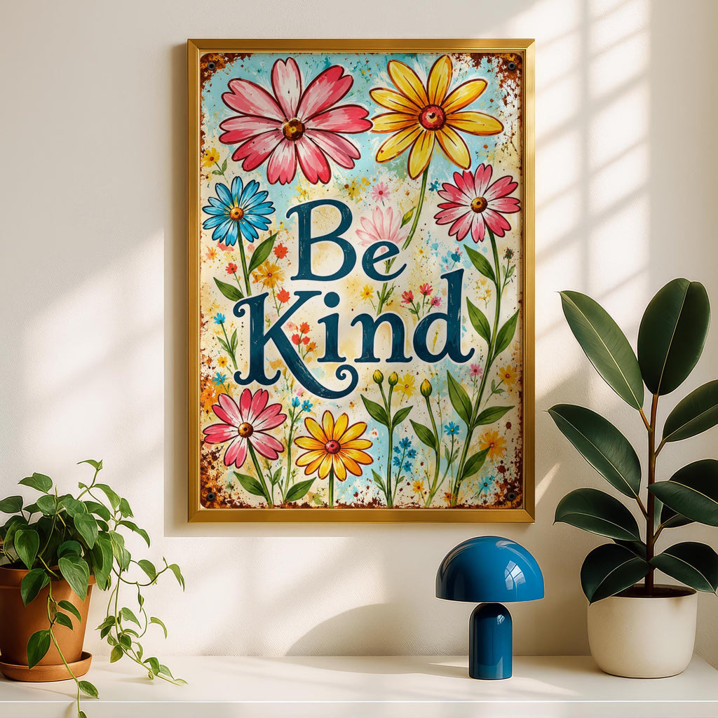 Be Kind Vintage Floral Wall Art, Rustic Metal Sign Style Poster, Colourful Daisy Print for Home