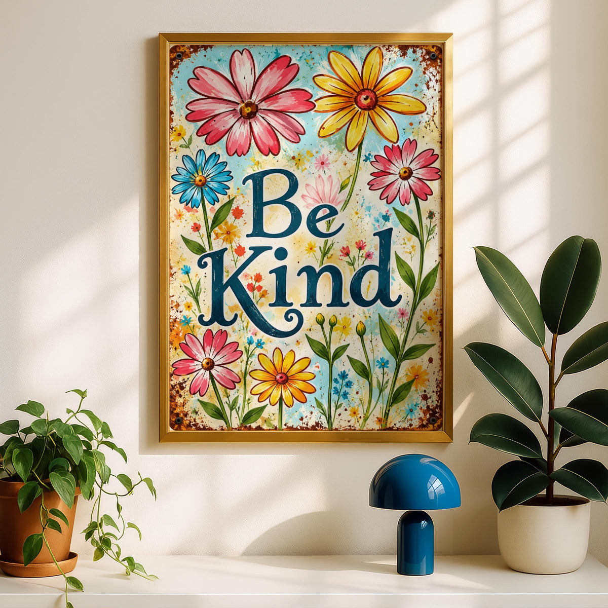 Be Kind Vintage Floral Wall Art, Rustic Metal Sign Style Poster, Colourful Daisy Print for Home