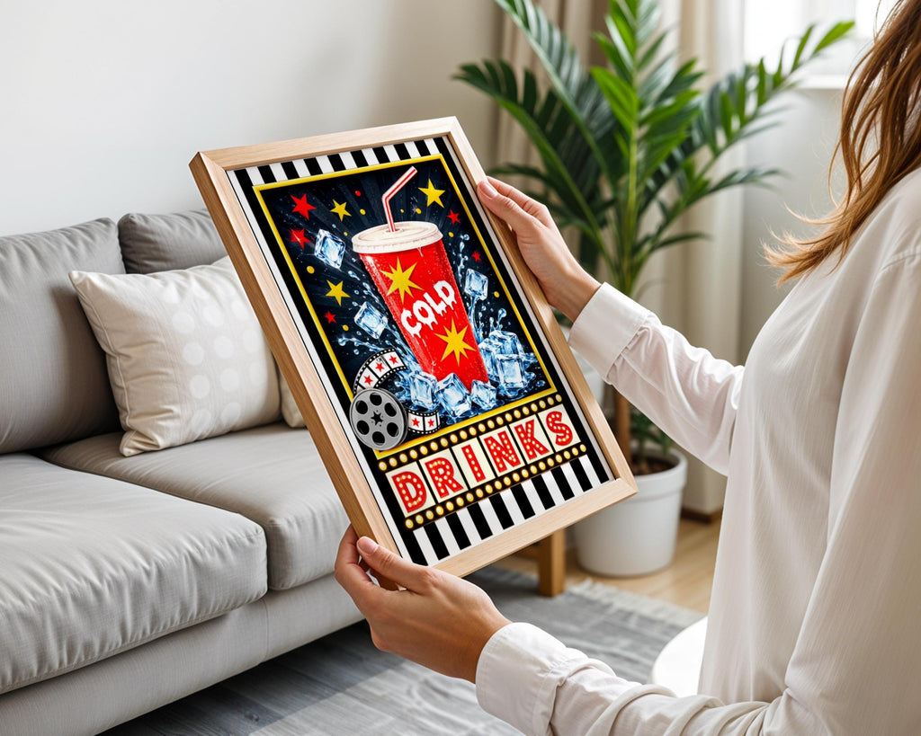 Retro Cinema Drinks Poster, Home Cinema Wall Art, Cold Soda Cup Print, Movie Room Decor, Bar Sign