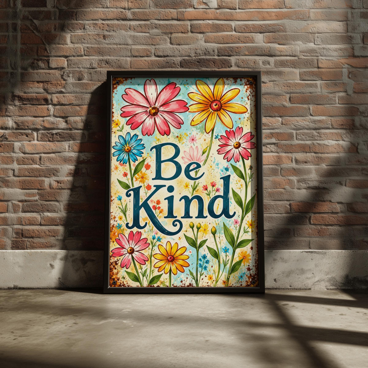 Be Kind Vintage Floral Wall Art, Rustic Metal Sign Style Poster, Colourful Daisy Print for Home