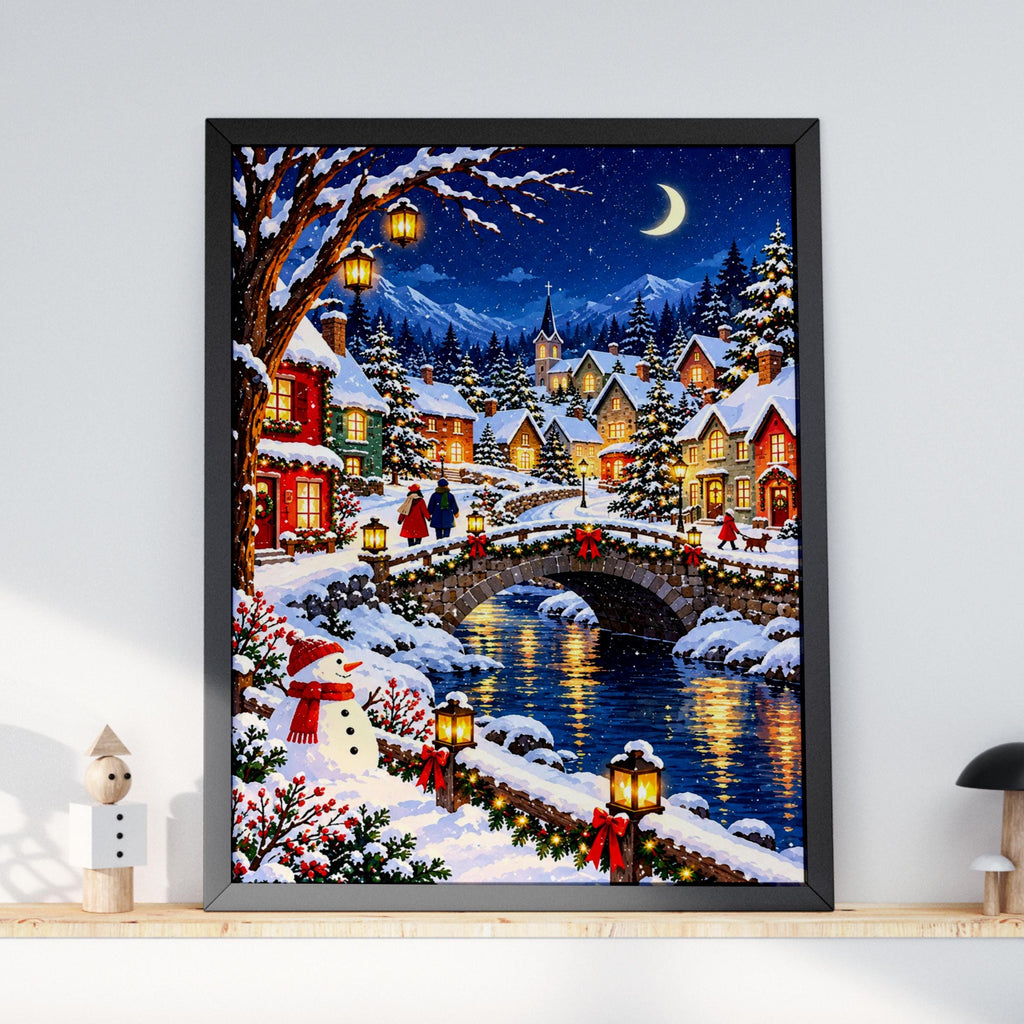 Christmas Winter Village Wall Art, Snowy Night Scene Poster, Stone Bridge, Snowman, Festive Lanterns