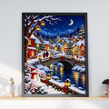 Christmas Winter Village Wall Art, Snowy Night Scene Poster, Stone Bridge, Snowman, Festive Lanterns