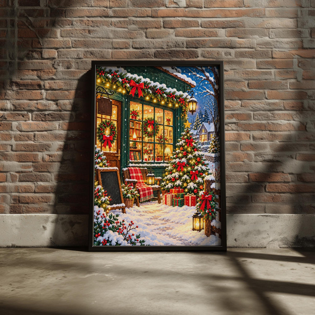 Christmas Bookshop Wall Art, Snowy Village Winter Scene Print, Festive Poster, Cosy Holiday Decor