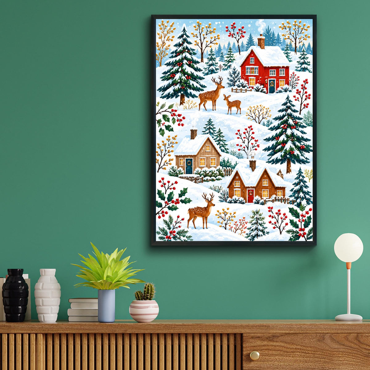Winter Village Deer Art Print, Christmas Cottage Poster, Snowy Forest, Red Berries, Festive Wall