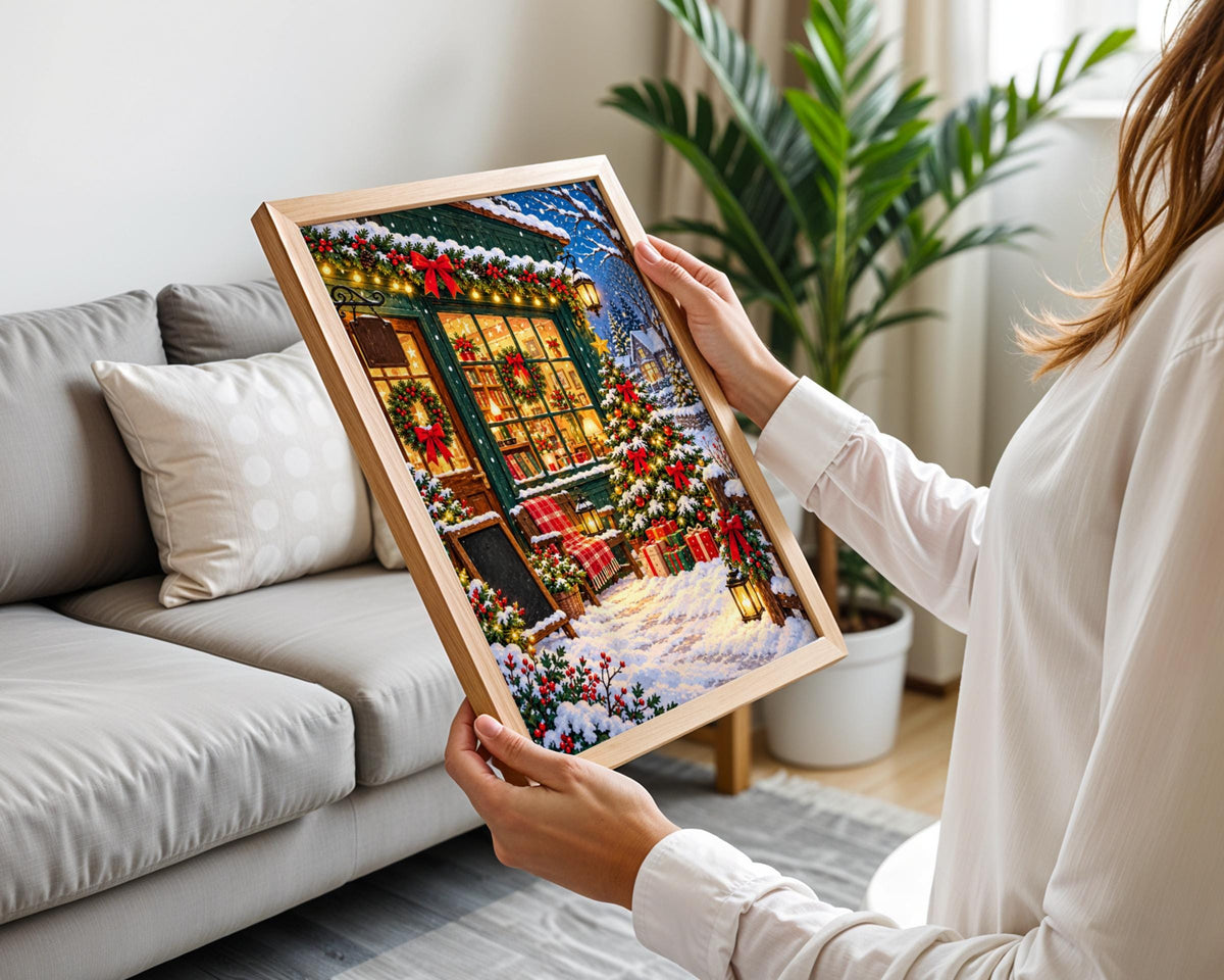 Christmas Bookshop Wall Art, Snowy Village Winter Scene Print, Festive Poster, Cosy Holiday Decor