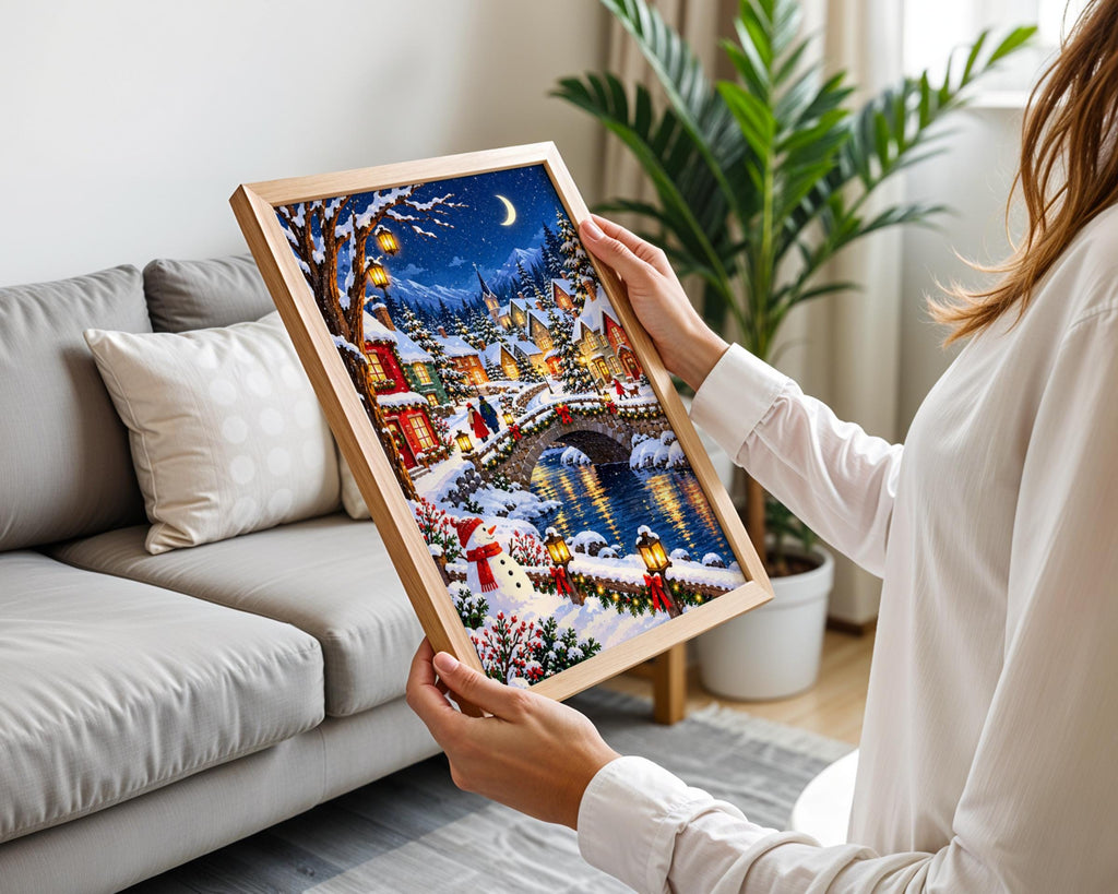 Christmas Winter Village Wall Art, Snowy Night Scene Poster, Stone Bridge, Snowman, Festive Lanterns