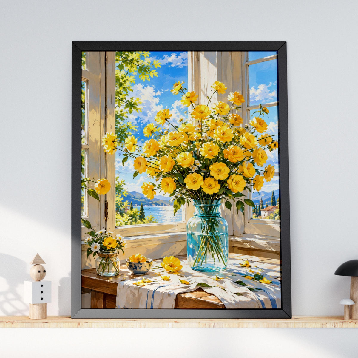 Yellow Flowers Wall Art, Sunny Window Floral Print, Botanical Still Life Poster, Mediterranean View