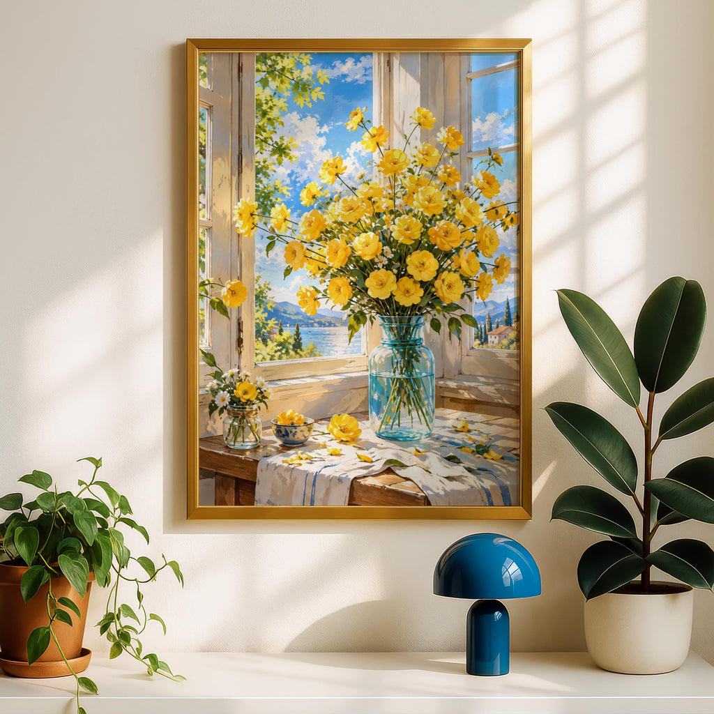 Yellow Flowers Wall Art, Sunny Window Floral Print, Botanical Still Life Poster, Mediterranean View