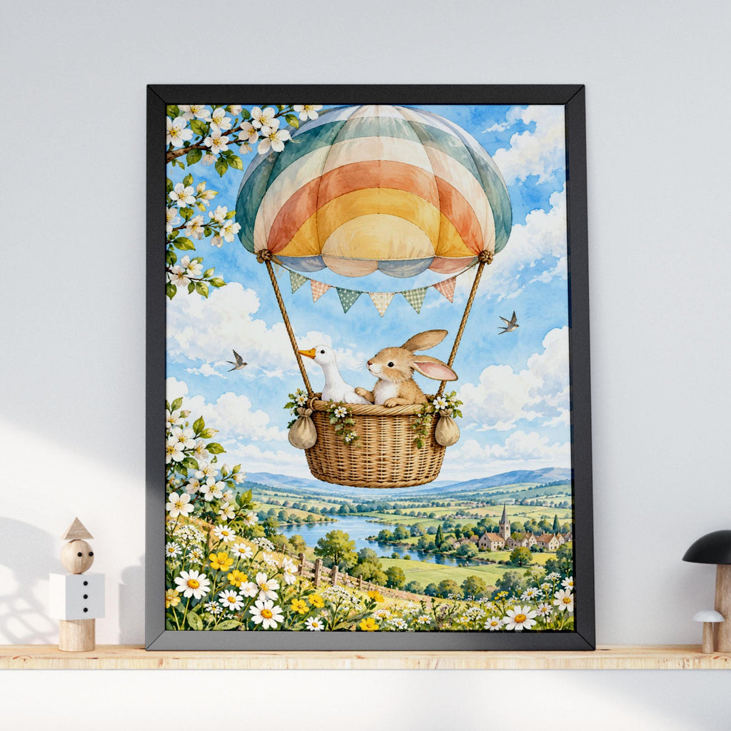 Bunny and Goose Hot Air Balloon Nursery Print, Watercolour Rainbow Balloon Wall Art, Countryside