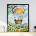 Bunny and Goose Hot Air Balloon Nursery Print, Watercolour Rainbow Balloon Wall Art, Countryside
