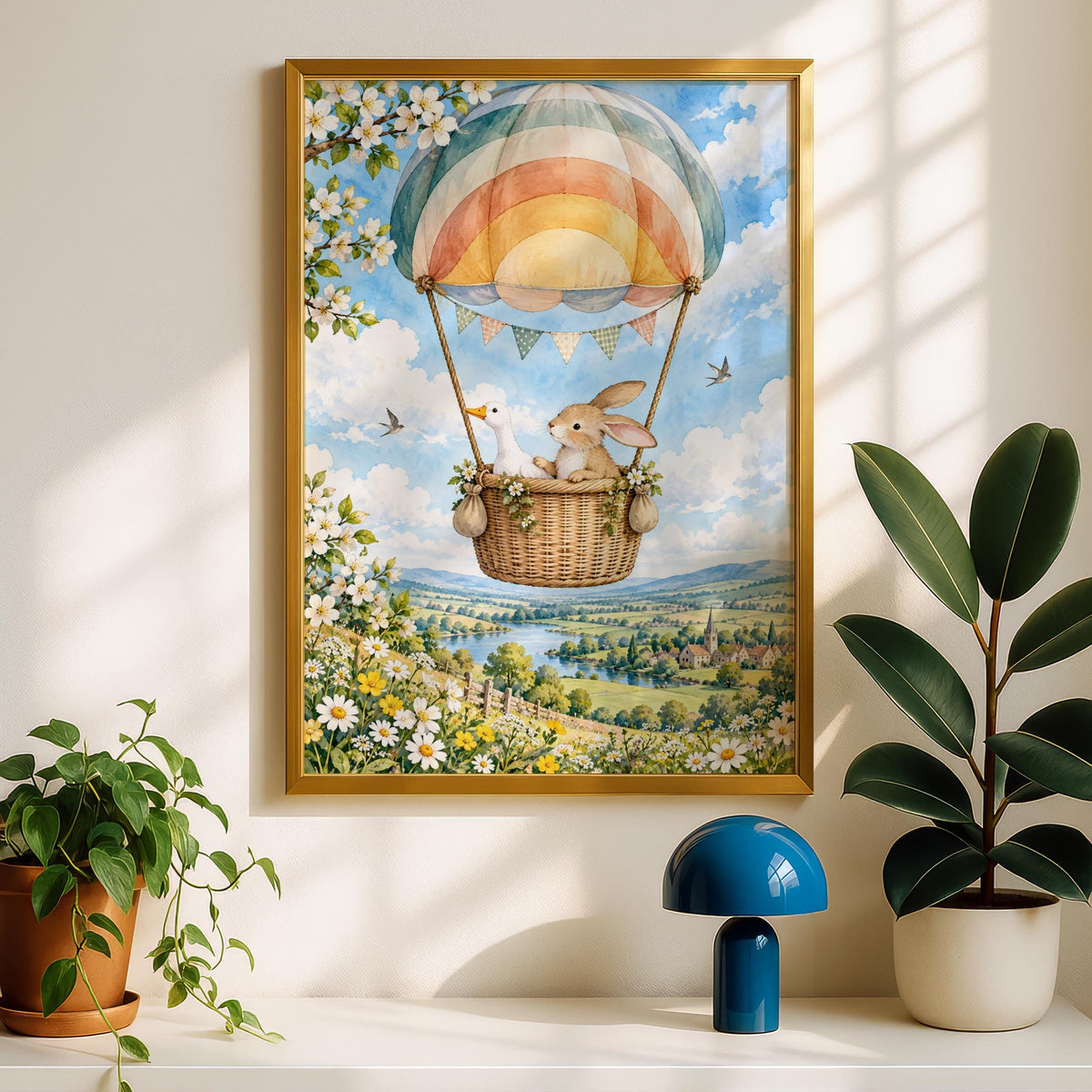 Bunny and Goose Hot Air Balloon Nursery Print, Watercolour Rainbow Balloon Wall Art, Countryside