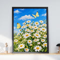 Daisy Meadow Wall Art, Yellow Butterfly Print, Spring Floral Poster, Blue Sky Wildflower Painting