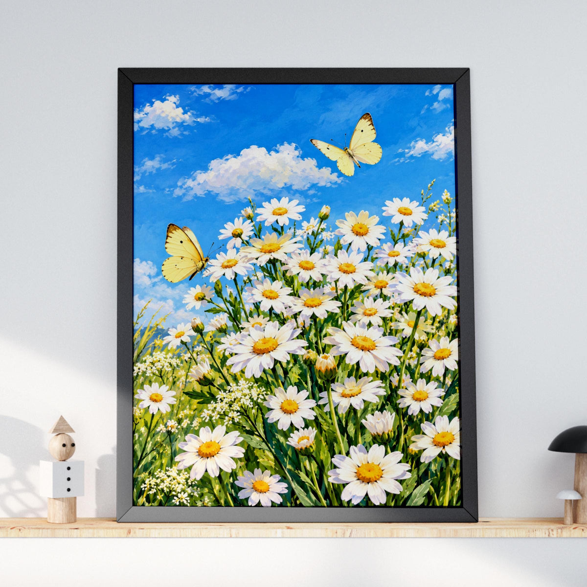 Daisy Meadow Wall Art, Yellow Butterfly Print, Spring Floral Poster, Blue Sky Wildflower Painting