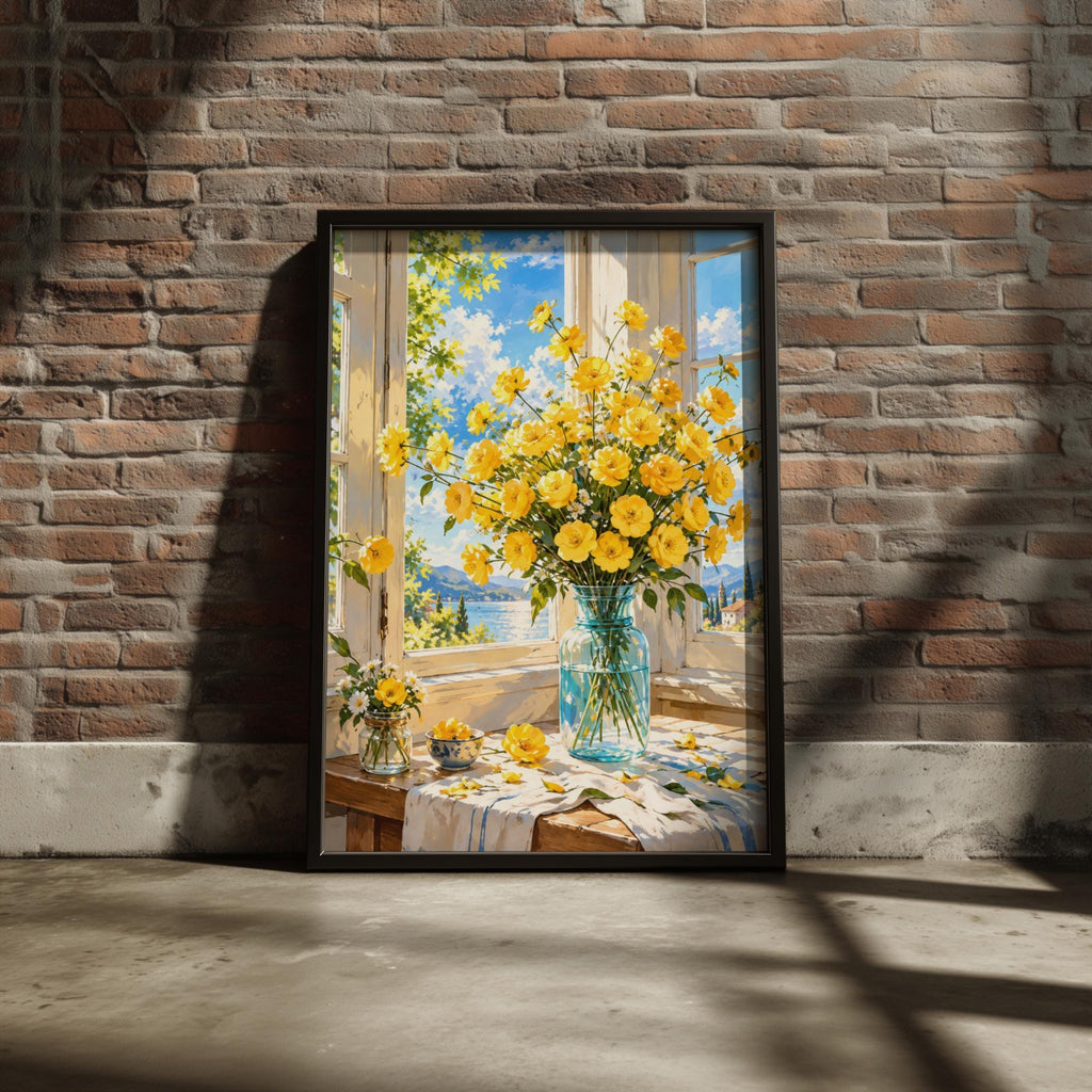 Yellow Flowers Wall Art, Sunny Window Floral Print, Botanical Still Life Poster, Mediterranean View