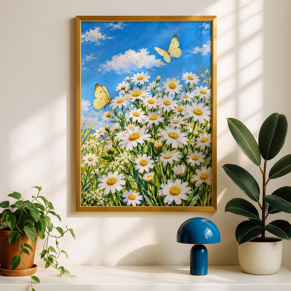 Daisy Meadow Wall Art, Yellow Butterfly Print, Spring Floral Poster, Blue Sky Wildflower Painting