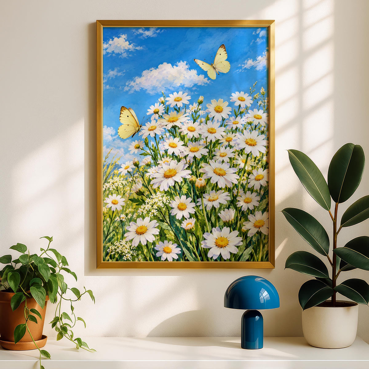 Daisy Meadow Wall Art, Yellow Butterfly Print, Spring Floral Poster, Blue Sky Wildflower Painting