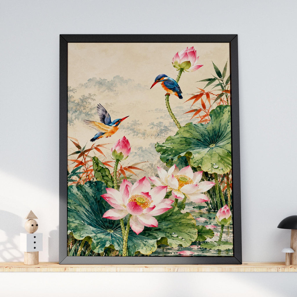 Kingfisher Lotus Pond Art Print, Pink Lotus Flower Poster, Chinese Watercolour Bird Wall Decor