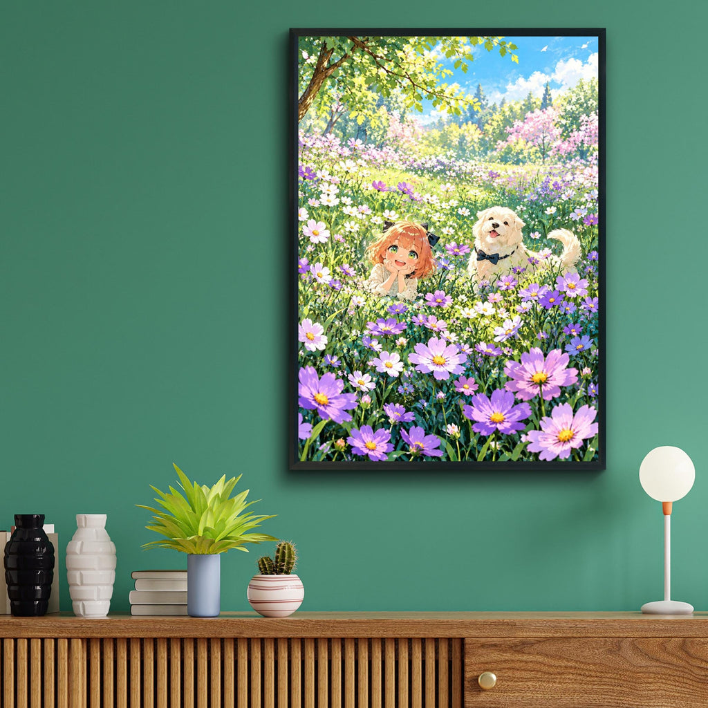 Anime Girl and Dog Flower Meadow Print, Cosmos Floral Wall Art, Kawaii Nursery Poster