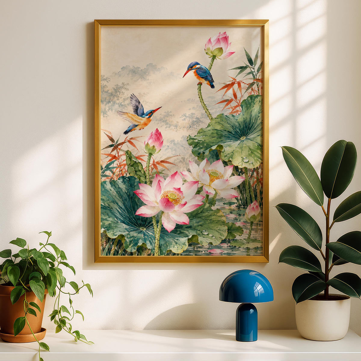 Kingfisher Lotus Pond Art Print, Pink Lotus Flower Poster, Chinese Watercolour Bird Wall Decor