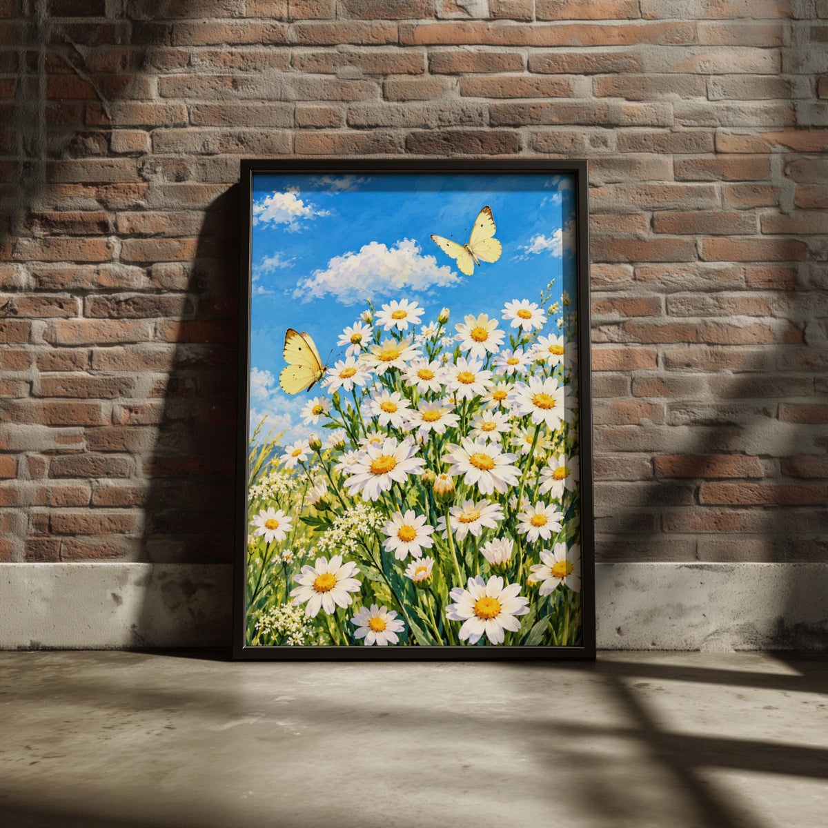 Daisy Meadow Wall Art, Yellow Butterfly Print, Spring Floral Poster, Blue Sky Wildflower Painting
