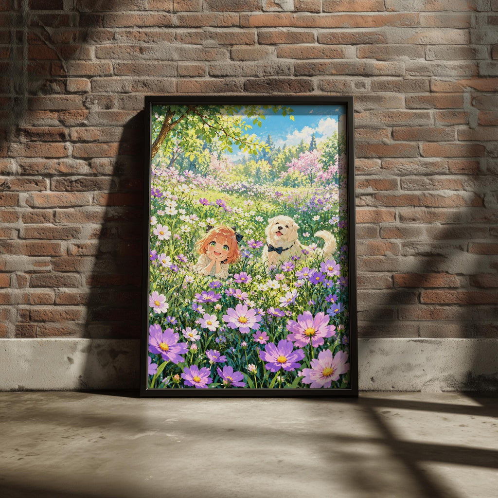 Anime Girl and Dog Flower Meadow Print, Cosmos Floral Wall Art, Kawaii Nursery Poster