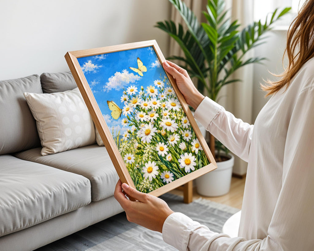 Daisy Meadow Wall Art, Yellow Butterfly Print, Spring Floral Poster, Blue Sky Wildflower Painting