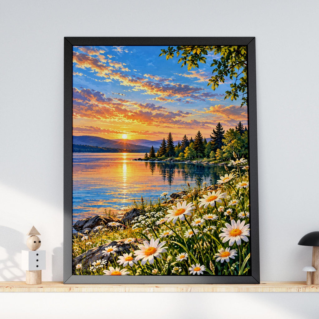 Lakeside Sunset Daisies Wall Art, Landscape Print, Scenic Nature Poster, Wildflower Painting