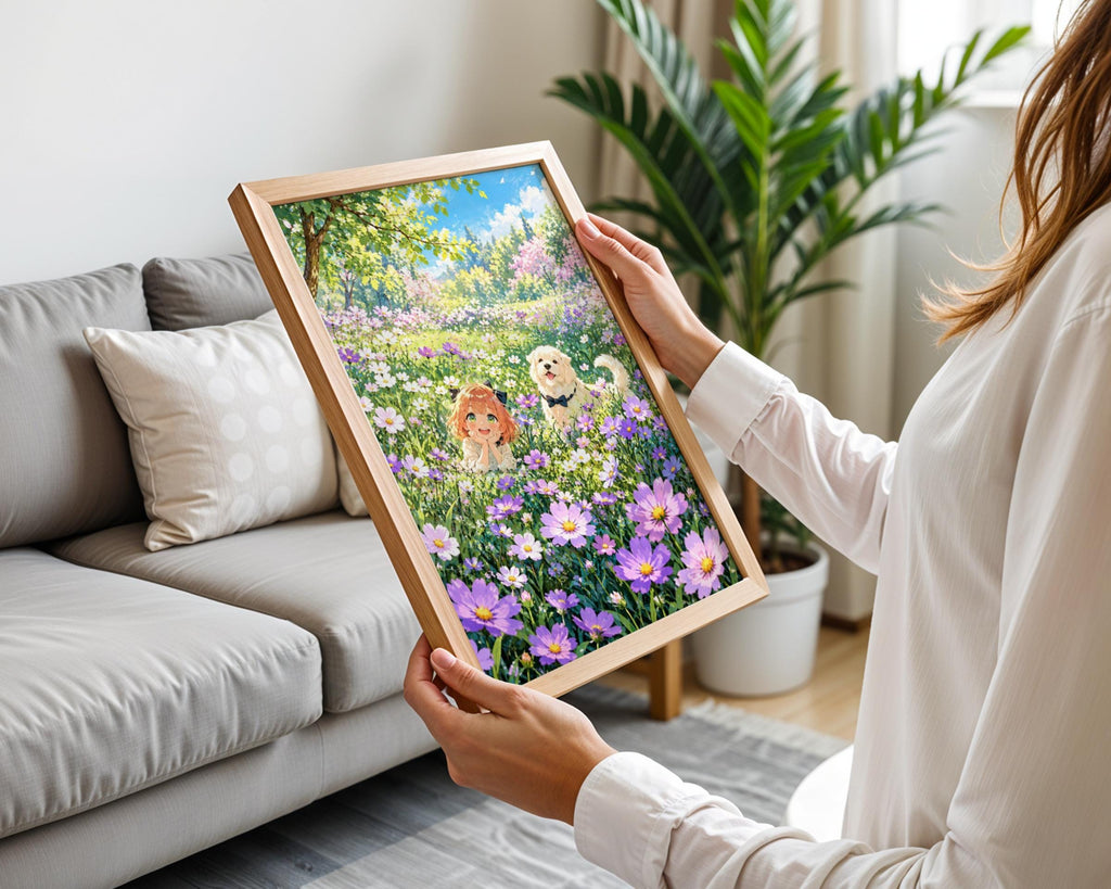 Anime Girl and Dog Flower Meadow Print, Cosmos Floral Wall Art, Kawaii Nursery Poster