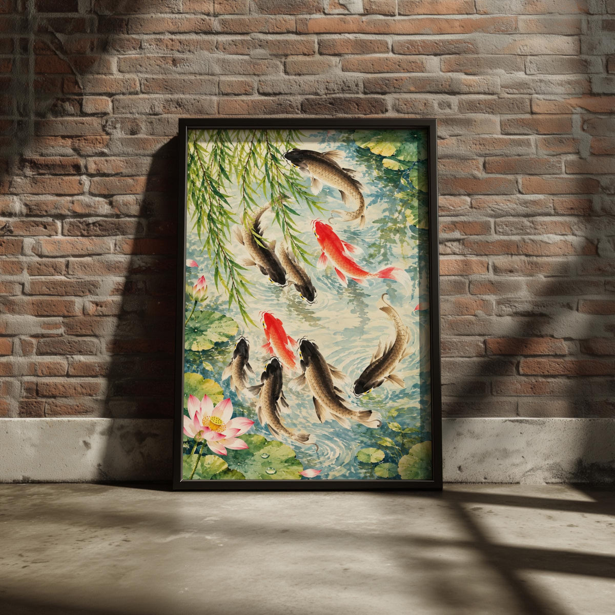 Koi Fish Pond Art Print, Chinese Watercolour Wall Art, Lotus and Weeping Willow Poster, Zen Decor