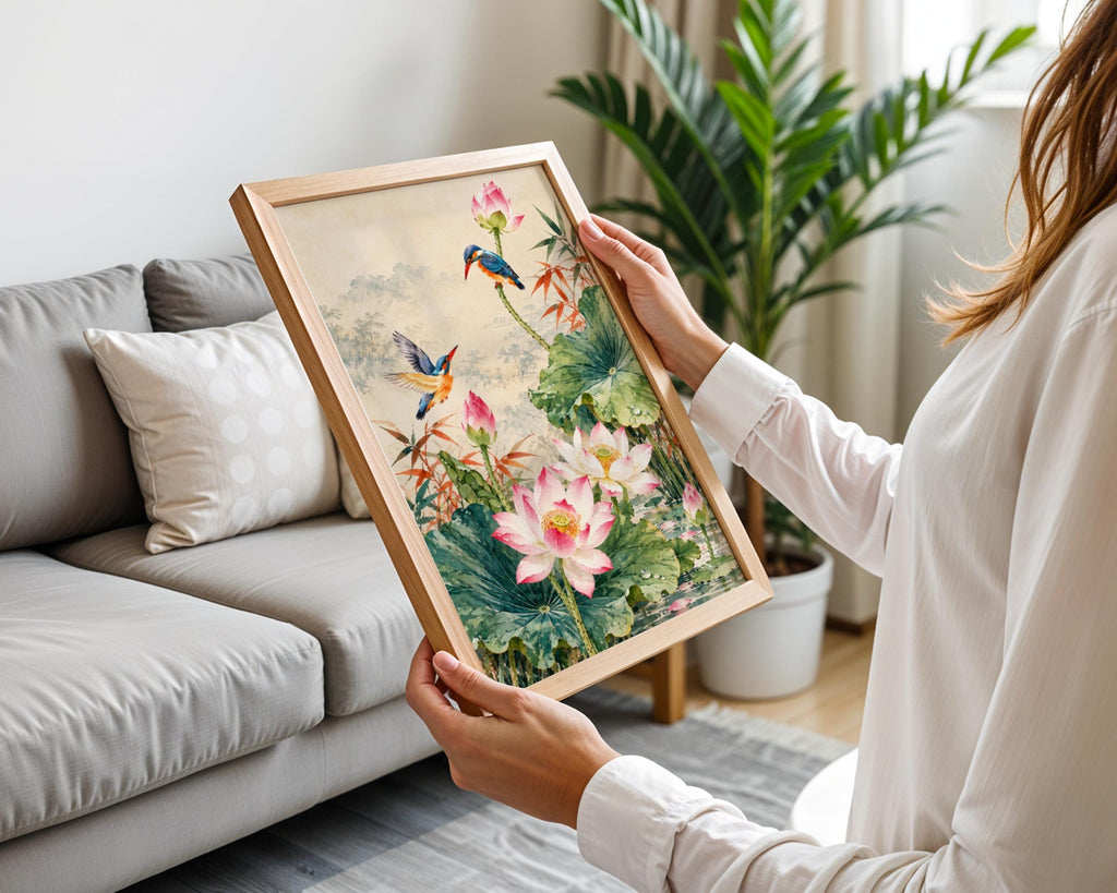 Kingfisher Lotus Pond Art Print, Pink Lotus Flower Poster, Chinese Watercolour Bird Wall Decor