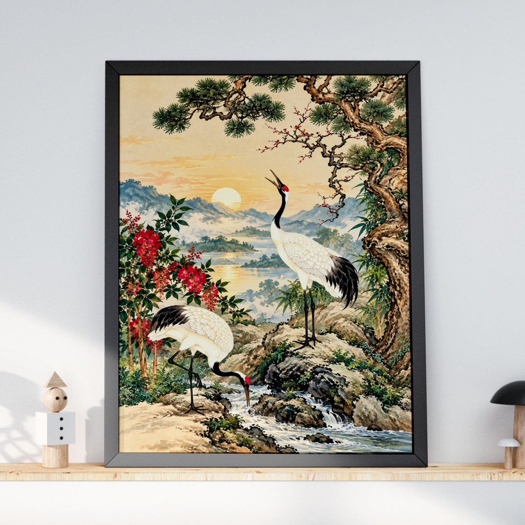 Red Crowned Crane Print, Japanese Wall Art, Vintage Pine Landscape Poster, Oriental Bird Painting