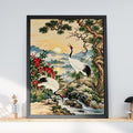 Red Crowned Crane Print, Japanese Wall Art, Vintage Pine Landscape Poster, Oriental Bird Painting