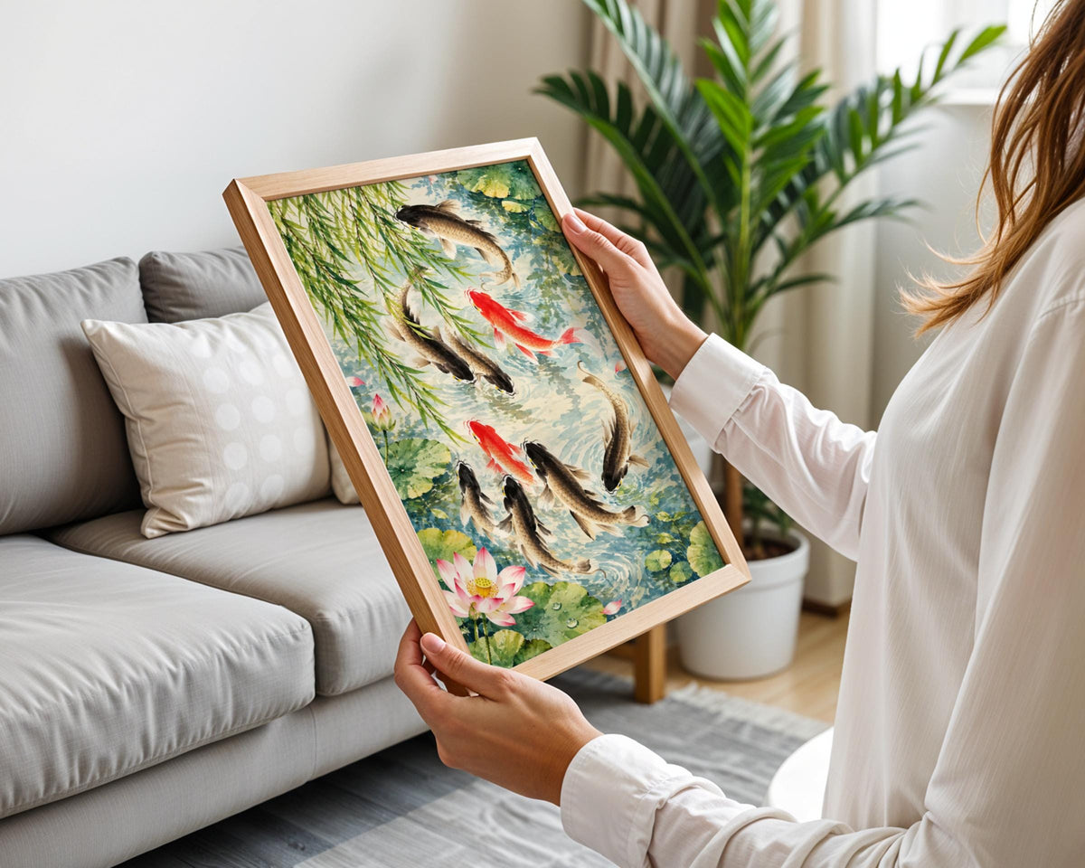 Koi Fish Pond Art Print, Chinese Watercolour Wall Art, Lotus and Weeping Willow Poster, Zen Decor