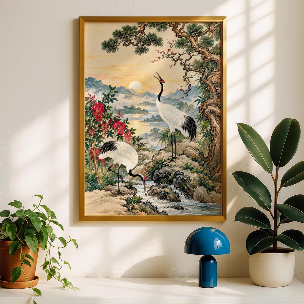 Red Crowned Crane Print, Japanese Wall Art, Vintage Pine Landscape Poster, Oriental Bird Painting