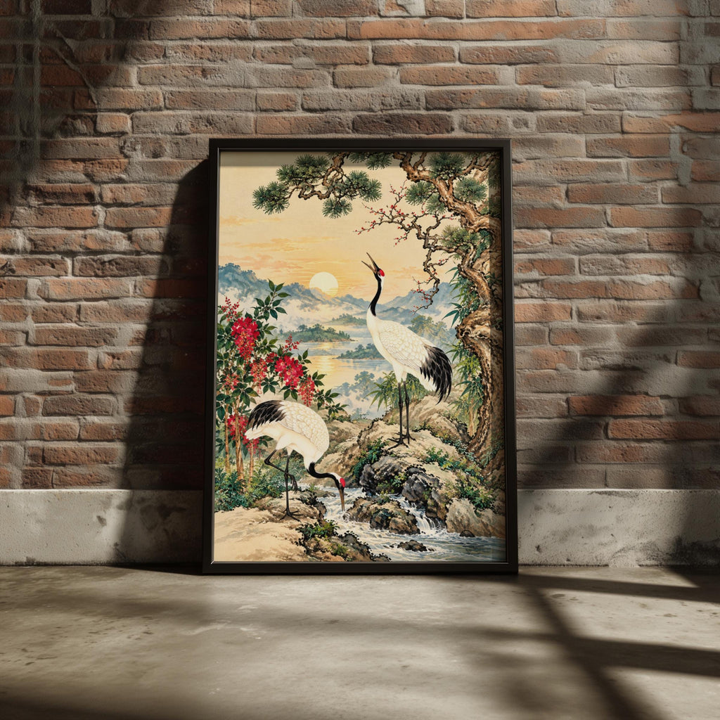 Red Crowned Crane Print, Japanese Wall Art, Vintage Pine Landscape Poster, Oriental Bird Painting